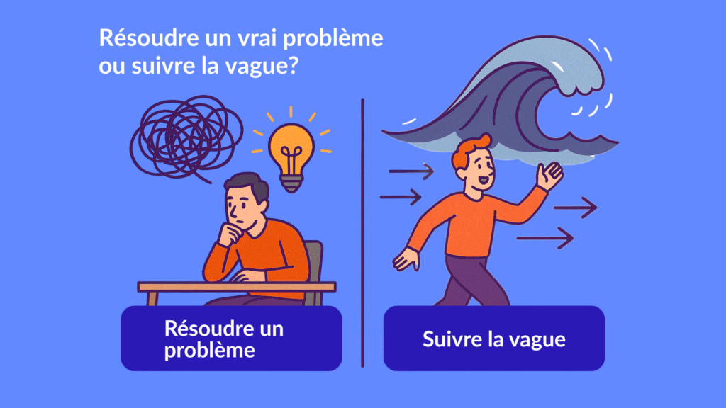 Image opposant r&eacute;flexion strat&eacute;gique et effet de mode dans l&rsquo;adoption de l&rsquo;IA en entreprise.