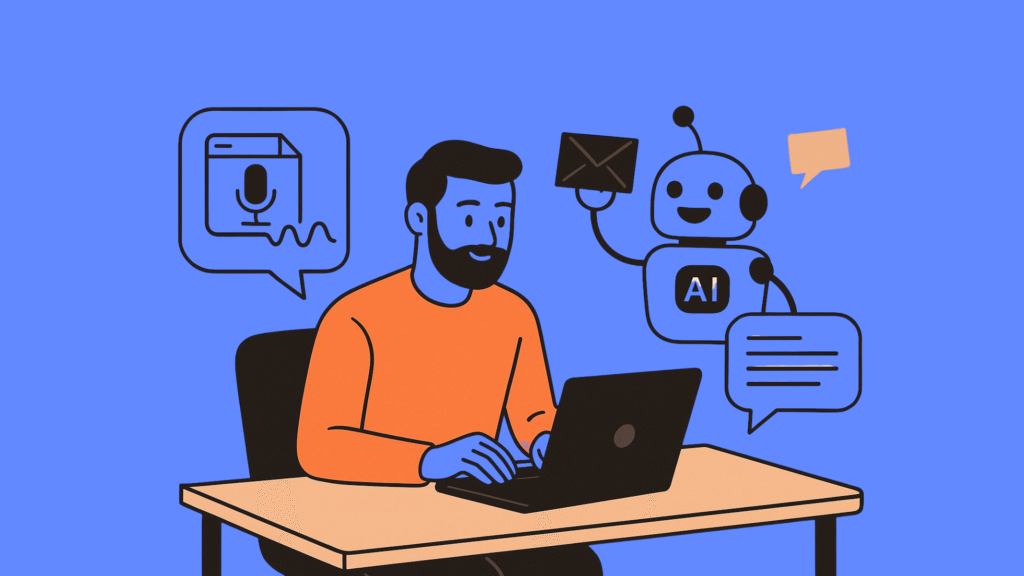 Image repr&eacute;sentant l&rsquo;usage de l&rsquo;IA conversationnelle pour aider un professionnel dans la cr&eacute;ation de contenu et l&rsquo;envoi d&rsquo;e-mails.