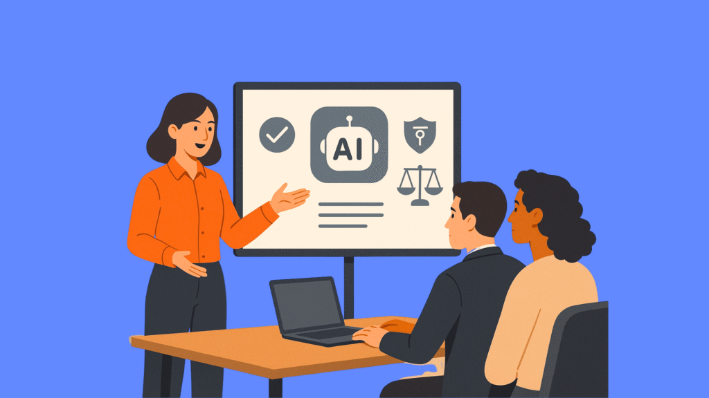 Pr&eacute;sentation sur l&rsquo;intelligence artificielle en entreprise avec focus sur l&rsquo;&eacute;thique, la s&eacute;curit&eacute; et la conformit&eacute;.